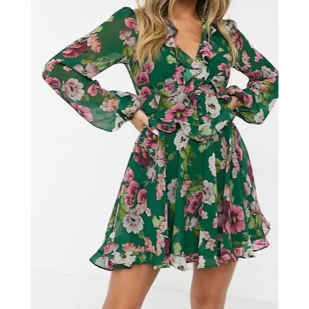 Bardot Green Floral Chiffon Ruffle Mini Dress, Size 4/XS
